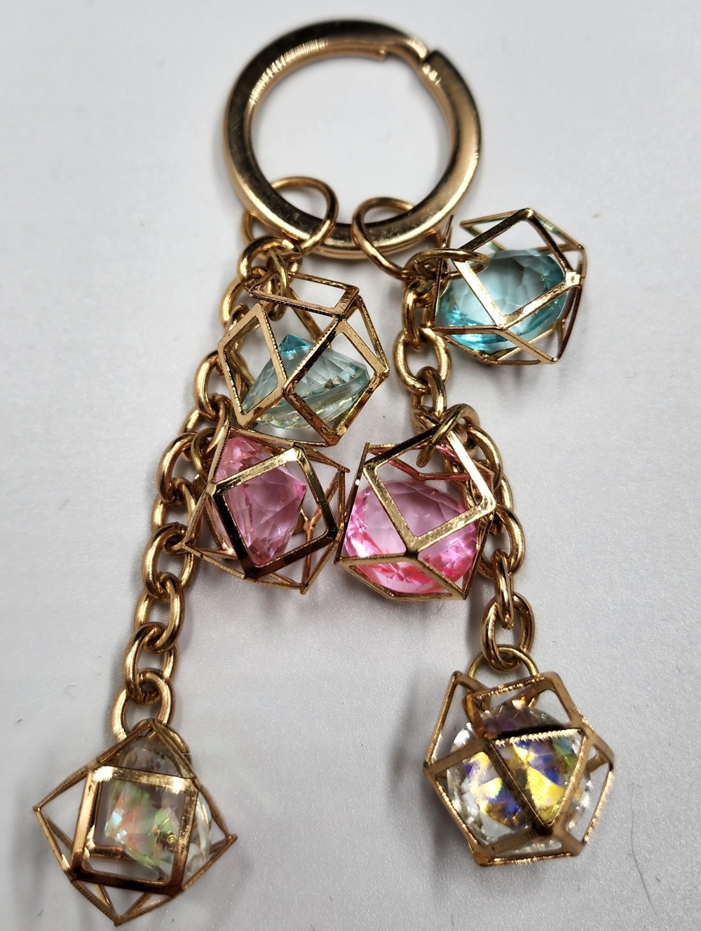Geometric Caged Crystal Pendant Bag Charm Multicolored Pink Blue Gold Tone